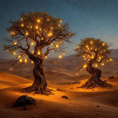 Primary subject: Two trees with lights on them.
Setting/background: A desert landscape.
Visual style: Digital art.
Colors and mood: The trees are lit up with yellow lights, creating a warm and inviting atmosphere in the desert.